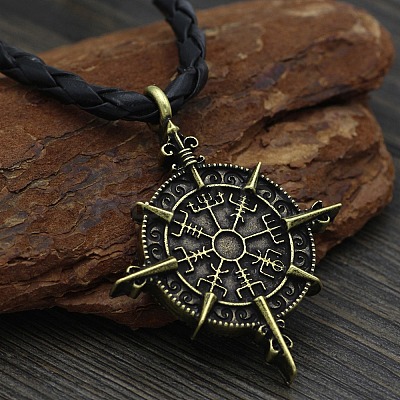 Alloy Viking Compass Pendant Necklaces NJEW-H064-01AB-1