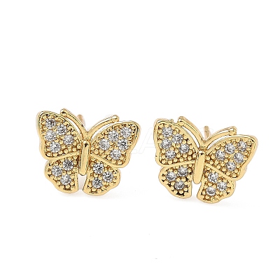 Butterfly Brass Micro Pave Clear Cubic Zirconia Stud Earrings EJEW-A132-07G-1