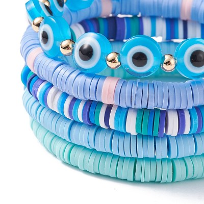 5Pcs 5 Style Polymer Clay Heishi Beaded Stretch Bracelets Set BJEW-JB07540-02-1