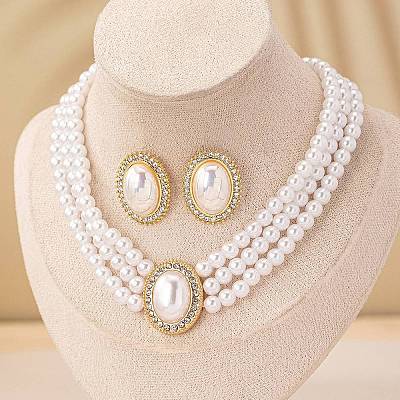 Oval Imitation Pearl Stud Earrings & Beaded Necklaces Sets for Women FS-WGE3419-01-1