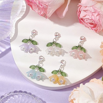 5Pcs 5 Colors Flower Acrylic & Shell Pearl Pendant Decoration HJEW-TA00282-1