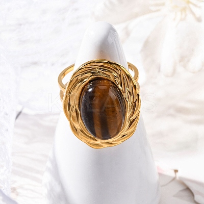 Oval Natural Tiger Eye Finger Rings RJEW-M063-01G-11-1