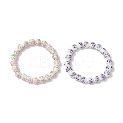 2Pcs 2 Colors Handmade Flower Printed Porcelain Ceramic Round Beads Stretch Bracelets for Women BJEW-JB12091-1