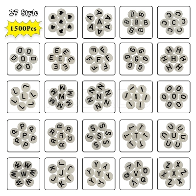 27 Style Flat Round with Black Letter & Heart Acrylic Luminous Beads SACR-YW0001-37-1