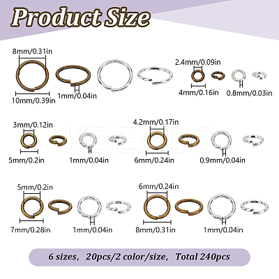 240Pcs 12 Styles Brass Open Jump Rings KK-LP0001-35-1