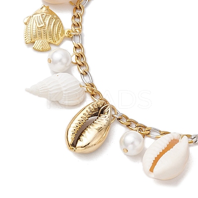Natural Cowrie Shell & Brass Dolphin Starfish Charm Anklets AJEW-AN00650-1