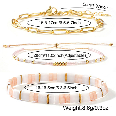 3Pcs 3 Styles 304 Stainless Steel Paperclip Chain Bracelets & Glass Seed Bead Stretch & Slider Bracelets for Women SL8246-1-1