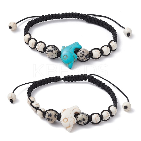2Pcs 2 Color Synthetic Turquoise Dolphin & Natural Dalmation Jasper Braided Bead Bracelets Set BJEW-JB09839-1