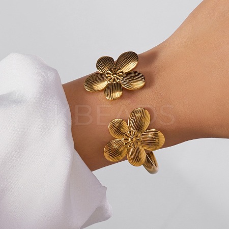 304 Stainless Steel Flower Cuff Bangles for Women BJEW-A154-02B-G-1