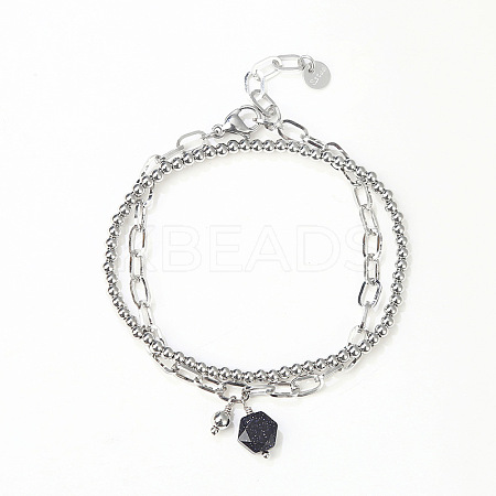 Synthetic Blue Goldstone Hexagon Charm Double Layer Bracelets WG0C9E5-01-1