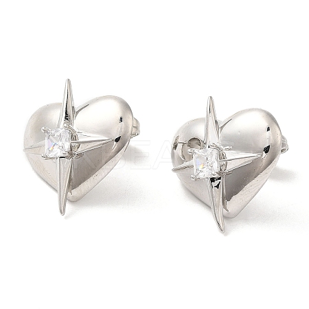 Rack Plating Brass Heart with Star Stud Earrings with Clear Cubic Zirconia Earring for Women EJEW-A101-05P-1