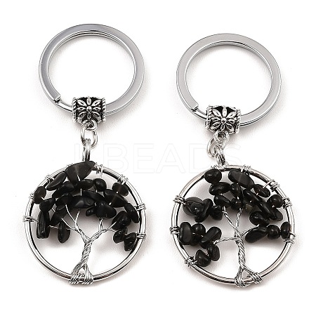 Natural Obsidian Flat Round with Tree of Life Pendant Keychain KEYC-E023-03U-1