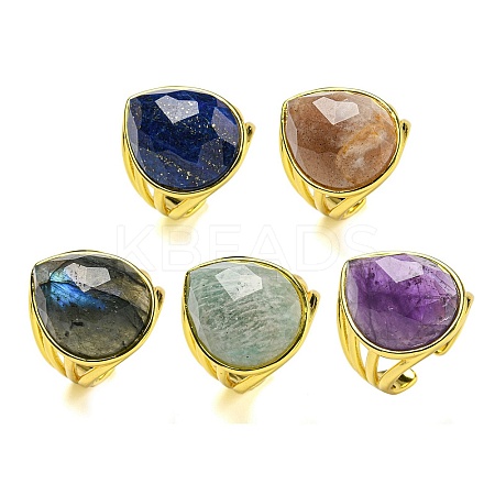 Teardrop Natural Gemstone Open Cuff Rings RJEW-C087-01G-1