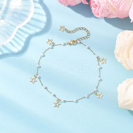 Round ABS Imitation Pearl Beads & 304 Stainless Steel Link Chain Tassel Anklets for Women AJEW-AN00738-03-1