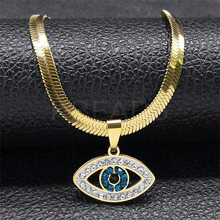 304 Stainless Steel Rhinestone Snake Chain Evil Eye Pendant Necklaces NJEW-K273-02G-1