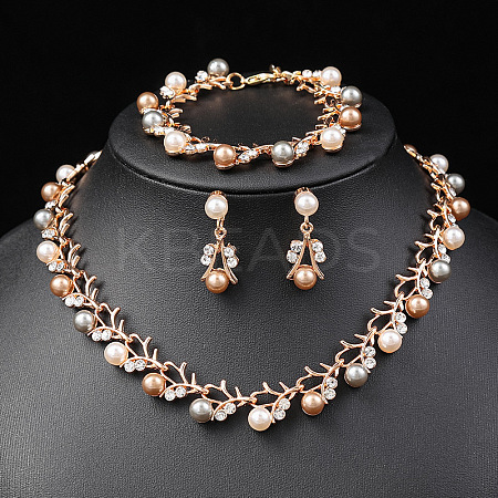 Alloy Rhinestone & Plastic Imitation Pearl Leaf Link Chain Necklaces & Stud Dangle Earrings & Link Bracelets Sets WG65A67-02-1