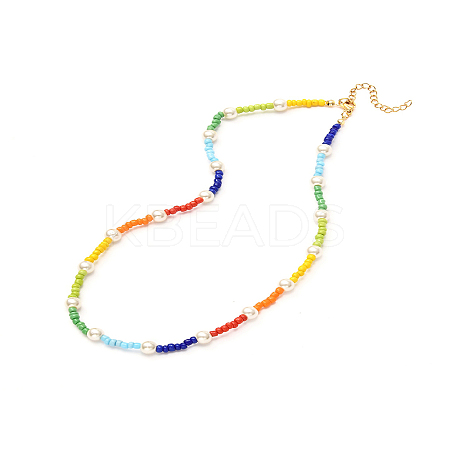 Glass Seed & Glass Pearl Beaded Necklace for Girl Women X1-NJEW-TA00007-1