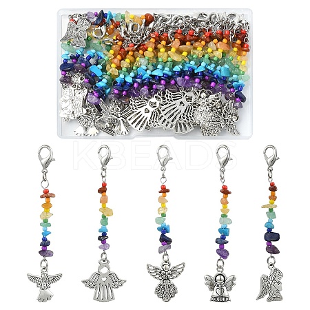 30Pcs 5 Styles Chakra Natural & Synthetic Gemstone Chips & Alloy Angel Pendant Decoration HJEW-YW00067-1