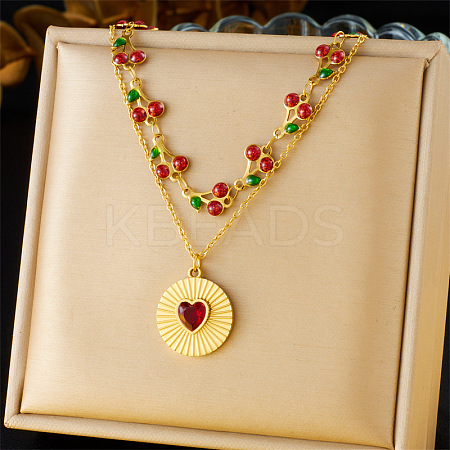 304 Stainless Steel Siam Rhinestone Heart Pendant Cherry Link Chain Double Layer Necklaces for Women NJEW-B132-01G-1