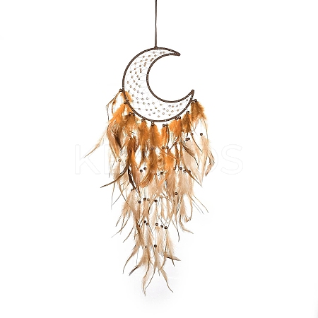 Moon Woven Web/Net with Feather Hanging Ornaments HJEW-G025-09B-1