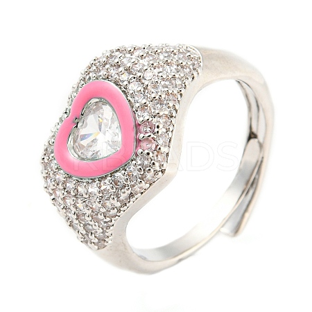 Enamel Heart Adjustable Ring with Clear Cubic Zirconia RJEW-Q781-01P-03-1