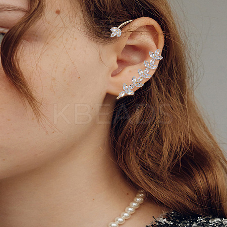1Pc Leaf Alloy Clear Cubic Zirconia Cuff Earrings EJEW-LP0007-022G-1