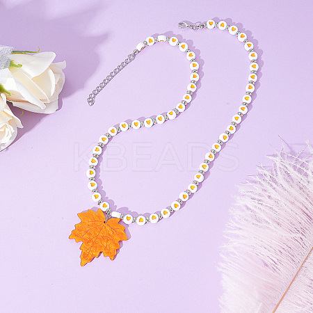 Thanksgiving Day Alloy & Acrylic Maple Leaf Pendant Heart Beaded Necklaces for Women FS-WG0EB84-02-1