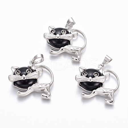 Natural Dyed & Heated Black Agate Kitten Pendants G-J386-C05-1