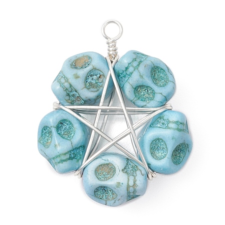 Halloween Dyed Synthetic Turquoise Skull Beaded Pendants PALLOY-TA00297-05-1