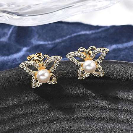 Butterfly Brass Micro Pave Clear Cubic Zirconia Stud Earrings EJEW-C154-03G-1