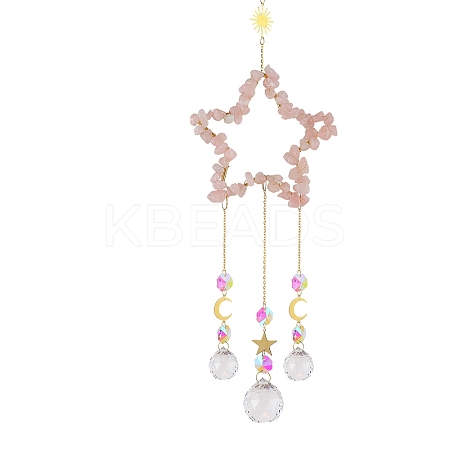Natural Rose Quartz Chip Wrapped Metal Star Hanging Ornaments PW-WG25242-03-1