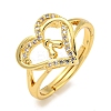 Heart with Letter Rack Plating Brass Micro Pave Clear Cubic Zirconia Adjustable Rings for Women RJEW-I105-01G-A-1
