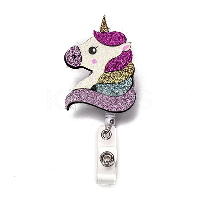 Unicorn Glitter Powder Felt & ABS Plastic Badge Reel AJEW-I053-38-1