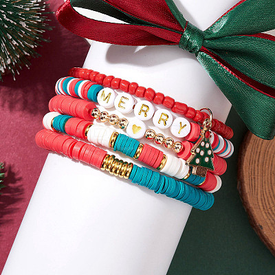 5Pcs 5 Styles Christmas Handmade Polymer Clay Beaded Stretch Bracelets Sets BJEW-TA00489-1