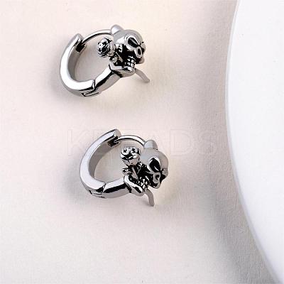 316 Stainless Steel Skull with Rose Hoop Earrings for Men Women EJEW-SZ0001-94-1