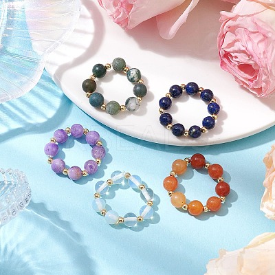 5Pcs 5 Styles Natural White Jade & Indian Agate & Lapis Lazuli & Red Aventurine & Opalite Stretch Rings RJEW-JR00760-1