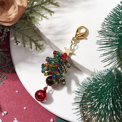 Christmas Tree Glass Seed Beads & Natural Tiger Eye Pendant Decorations HJEW-MZ00075-02-1