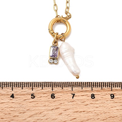 Natural Keshi Pearl Stick & Rectangle Purple Glass Pendant 304 Stainless Steel Paperclip hain Necklaces for Women NJEW-K255-54G-1