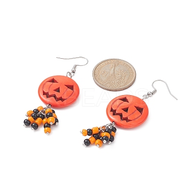 Synthetic Turquoise Pumpkin Dangle Earrings with Seed Beaded EJEW-TA00237-1