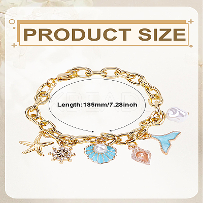 Summer Beach Starfish & Shell Shaped Alloy Enamel & ABS Plastic Imitation Pearl Charm Bracelets BJEW-LP00001-1