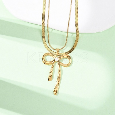 304 Stainless Steel Bowknot Pendant Double Layer Necklaces for Women NJEW-Z108-01G-1