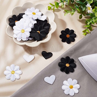 60Pcs 4 Style Sunflower & Love Heart Shape Computerized Embroidery Cloth Iron on/Sew on Patches DIY-GF0006-77-1