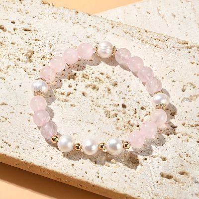 Natural Rose Quartz & Pearl Beaded Stretch Bracelet for Women BJEW-JB09384-02-1