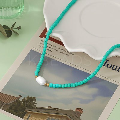 2Pcs 2 Color Rice Natural Pearl & Glass Seed Beaded Necklaces for Women NJEW-GO0001-04A-1
