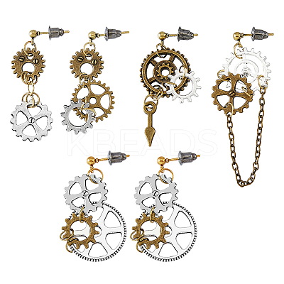 3 Set 3 Style Alloy Toothed Wheel Asymmetrical Earrings EJEW-FI0001-93-1