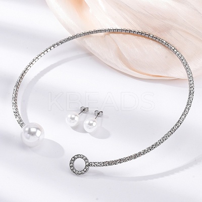 Round Plastic Imitation Pearl Stud Earrings & Cubic Zirconia Rhinestone Cuff Choker Necklaces Sets SJEW-U003-05P-1