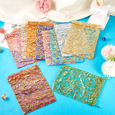 50Pcs 10 Colors Rose Printed Organza Drawstring Bags OP-TA0001-15B-1