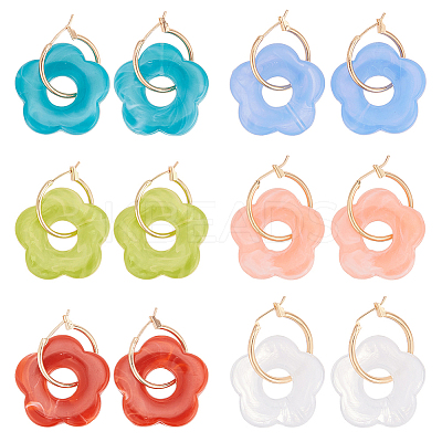 6 Pairs 6 Colors Cute Acrylic Flower Dangle Hoop Earrings EJEW-AN0003-47-1