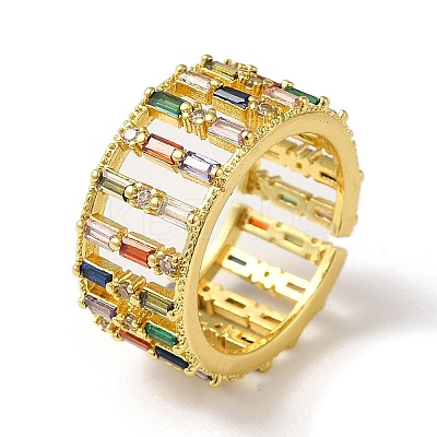 Rack Plating Brass Micro Pave Colorful Cubic Zirconia Rectangle Open Cuff Ring LS-RJEW-M162-37G-1