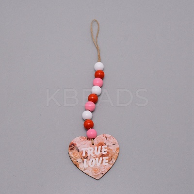Valentine's Day Theme Schima Wood Beads & Hemp Rope Pendants Decorations HJEW-TAC0012-14-1
